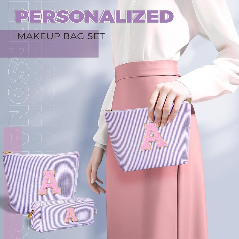 Btffitting Makeup Bag Set Initials Cosmetic Bag,Birthday Graduation Gifts for 10 11 12 13 14 15 16 17 18 Years Old Girl Girlfriend Teen Girls Gift Trendy Stuff Toiletry Bag Travel - Lavender,A - Image 3